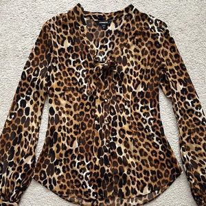 Express Leopard Blouse with Tie and Buttons
